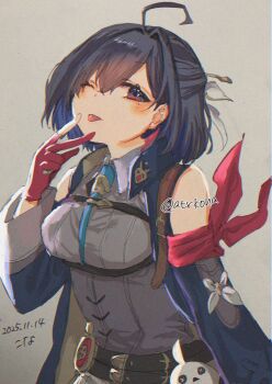 1girl :p ahoge artist_name atelier_(series) atelier_yumia belt between_breasts black_eyes black_hair breasts commentary_request corset dated detached_sleeves gloves grey_corset highres kona_(atrkona) looking_at_viewer medium_breasts medium_hair one_eye_closed partially_fingerless_gloves red_gloves solo standing strap_between_breasts stuffed_animal stuffed_bird stuffed_toy tongue tongue_out twitter_username yumia_liessfeldt