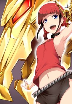 1girl armpits asukagawa_chise bare_arms bare_shoulders belt black_choker black_skirt blue_eyes bracelet braid breasts choker commentary_request gloves goldburn gridman_universe highres jewelry looking_at_viewer miniskirt mole mole_under_mouth multicolored_hair navel open_mouth red_hair short_hair single_glove skirt smile ssss.dynazenon studded_belt tsukasawa_takamatsu twin_braids
