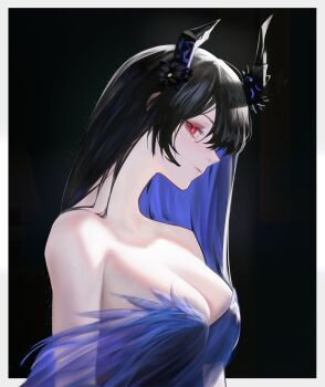 1girl absurdres asymmetrical_horns bare_shoulders black_background black_hair black_horns blue_hair border breasts cleavage commentary english_commentary eyelashes highres hololive hololive_english horns large_breasts multicolored_hair nerissa_ravencroft profile purple_eyes simple_background solo strapless the_antin two-tone_hair uneven_horns virtual_youtuber white_border