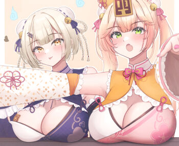 2girls bell blonde_hair braid braided_hair_rings breasts bun_cover china_dress chinese_clothes cleavage cleavage_cutout clothing_cutout commentary detached_sleeves dress fingernails frilled_dress frills hair_bell hair_ornament hair_rings hands_up highres hololive large_breasts long_hair looking_at_viewer mofu07519 momosuzu_nene momosuzu_nene_(jiangshi) multicolored_dress multiple_girls nail_polish official_alternate_color official_alternate_costume official_alternate_hairstyle ofuda ofuda_on_nipples pasties pink_nails tongue tongue_out twintails virtual_youtuber yellow_eyes