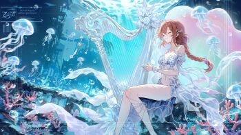 Rule 34 | 1girl, brown hair, closed eyes, commission, coral, dutch angle, harp, instrument, jellyfish, music, ocean, original, playing instrument, sitting, underwater, zaifan (zzaifann)