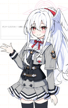 Rule 34 | 1girl, black corset, black thighhighs, blue archive, blush, closed mouth, commentary request, corset, cowboy shot, dress, grey dress, grey serafuku, grey wings, hair between eyes, halo, head wings, highres, long hair, long sleeves, pink halo, red eyes, red ribbon, ribbon, sateto (user knrf2332), school uniform, serafuku, single head wing, single wing, smile, solo, standing, suzumi (blue archive), thighhighs, translation request, trinity general school logo, white hair, wings