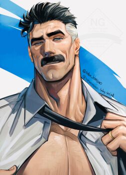 1boy bara bare_pectorals black_hair black_necktie blue_background blue_eyes bluesky_username blush cleft_chin collared_shirt commentary facial_hair gold_ring grey_hair highres holding_necktie invincible_(series) jewelry large_pectorals light_blush light_smile looking_at_viewer male_focus mature_male multicolored_hair muscular muscular_male mustache necktie nolan_grayson omni-man open_mouth pectorals portrait removing_necktie ring shirt short_hair simple_background smile solo symbol-only_commentary thick_mustache thick_neck tobo_katsuo twitter_username two-tone_background two-tone_hair unbuttoned undressing wedding_ring white_background white_shirt wrinkled_skin