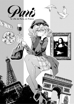 1girl absurdres alcohol alternate_costume arc_de_triomphe bag baguette bird bread closed_mouth coat commentary cup drill_hair drinking_glass eiffel_tower fine_art_parody food french_clothes french_text greyscale hat highres long_sleeves looking_at_viewer mona_lisa monochrome nail_polish outdoors paris parody plaid_clothes plaid_skirt senmura skirt snail solo sunglasses touhou twin_drills wine wine_glass yorigami_jo&#039;on