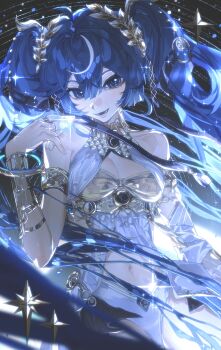 1girl absurdres ahoge ancient_greek_clothes armlet bare_shoulders black_skirt blue_eyes blue_hair breasts cleavage commentary english_commentary gold_bra greco-roman_clothes hair_between_eyes hand_up highres holding_orb iuno_(wuthering_waves) jewelry laurel_crown long_hair looking_at_viewer medium_breasts miniskirt navel open_mouth showgirl_skirt skirt smile solo stomach tr1993r twintails vambraces wuthering_waves