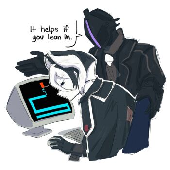 1boy 1girl black_coat black_eyes black_gloves black_hair bondrewd closed_mouth coat colored_skin commentary computer crt empty_eyes english_text gloves highres made_in_abyss mask masked multicolored_hair ozen scary_maze_game short_hair simple_background symbol-only_commentary two-tone_hair upper_body white_background white_hair white_skin yuk_iji