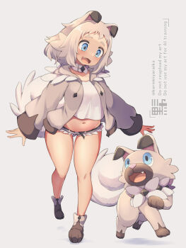 1girl :d animal_ears belt belt_buckle black_belt blue_eyes blue_shorts blush boots breasts brown_boots buckle camisole commentary_request cutoffs dog_ears dog_girl dog_tail drawstring fang gen_7_pokemon grey_background grey_hair grey_jacket jacket kuromiya long_sleeves medium_breasts navel nintendo open_clothes open_jacket open_mouth personification pokemon pokemon_(creature) rockruff shadow short_shorts shorts simple_background sleeves_past_wrists smile tail thick_eyebrows twitter_username walking watermark white_camisole