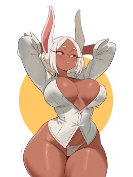 1girl animal_ears areola_slip arms_behind_head arms_up artist_name blush boku_no_hero_academia breasts collared_shirt commentary contrapposto copio covered_erect_nipples curvy dark-skinned_female dark_skin english_commentary highres large_breasts long_eyelashes looking_to_the_side mirko panties parted_bangs parted_lips partially_unbuttoned rabbit_ears rabbit_girl red_eyes shirt short_hair sleeves_rolled_up solo thick_thighs thighs underwear white_hair white_panties white_shirt wide_hips