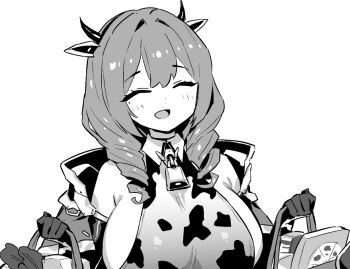 1girl animal_ears animal_print azur_lane azur_lane:_slow_ahead bag bare_shoulders bell breasts coat commentary_request cow_ears cow_horns cow_print cowbell cowpens_(azur_lane) drill_hair fake_animal_ears fake_horns gloves greyscale hands_up holding holding_bag hori_(hori_no_su) horns huge_breasts looking_at_viewer medium_hair mole mole_under_eye monochrome neck_bell open_mouth shopping_bag simple_background solo white_background