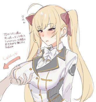 1boy 1girl 1gitl ahoge blonde_hair blush bow bowtie breasts embarrassed grabbing_another's_breast groping hair_bow hair_ribbon hetero jacket large_breasts long_hair long_sleeves nijisanji open_mouth pointy_breasts purple_eyes red_bow ribbon shirt simple_background solo_focus suisogenshi takamiya_rion takamiya_rion_(1st_costume) twintails virtual_youtuber white_background white_bow white_bowtie white_jacket white_shirt