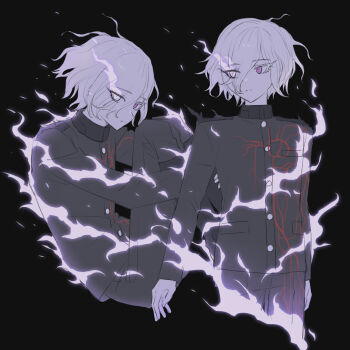1boy black_background black_boots black_jacket black_pants boots burning buttons closed_mouth colored_eyelashes commentary_request expressionless eyes_visible_through_hair fire flaming_eye gakuran hai_(haihki) hair_over_one_eye high_collar highres hugging_own_legs jacket knee_boots long_sleeves male_focus multiple_views pants pink_eyes school_uniform shion_(hundred_line) short_hair the_hundred_line_-last_defense_academy- white_hair