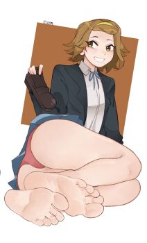 1girl bare_legs barefoot black_jacket blue_ribbon blue_skirt brown_hair brown_shoes commentary cyadraws english_commentary feet foot_focus forehead full_body hairband highres holding holding_shoes holding_unworn_clothes jacket k-on! legs looking_to_the_side medium_hair miniskirt neck_ribbon panties pink_panties ribbon shirt shoes sitting skirt smile soles solo tainaka_ritsu thighs toes underwear unworn_shoes white_background white_shirt yellow_hairband yokozuwari