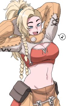 1girl blonde_hair blue_eyes braid breasts cosplay crafting_shop_daughter_(monster_hunter) freckles gemma_(monster_hunter_wilds) goggles goggles_around_neck groin highres long_hair monster_hunter_(series) monster_hunter_4 monster_hunter_wilds musical_note nasu_(ilo_a5) navel open_clothes open_mouth ponytail simple_background smile solo white_background