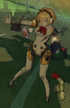 Rule 34 | 1girl, aigis (persona), amada ken, android, blonde hair, blue eyes, breasts, bridge, commentary, damaged, disembodied hand, headphones, highres, horizon, iori junpei, ippers, kirijou mitsuru, knees together feet apart, mechanical arms, mechanical legs, medium breasts, open mouth, parted lips, persona, persona 3, sanada akihiko, shadow, shirato jin, short hair, solo focus, takeba yukari, yuuki makoto (persona 3)