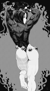 1girl absurdres ass back back_muscles bare_legs biceps black_hair black_leotard dc_comics deltoids double_biceps_pose flexing forehead_jewel from_behind gloves grey_background greyscale highleg highleg_leotard highres lats legs_together leotard long_sleeves looking_back magic monochrome muscular muscular_female raven_(dc) short_hair simple_background sleeved_leotard solo speedl00ver teen_titans thick_thighs thighhighs thighs thong_leotard trapezius triceps