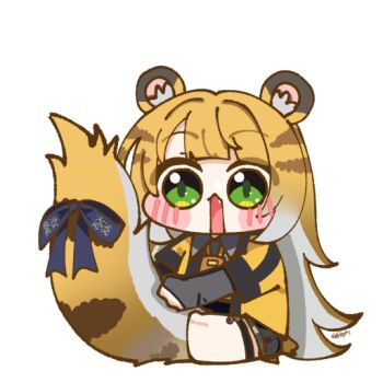Rule 34 | :<, animal ear fluff, animal ears, blush stickers, chibi, fang, fingerless gloves, gloves, green eyes, holding own tail, jacket, ju fufu, large tail, long hair, multicolored hair, open mouth, raised eyebrows, ribbon, simple background, sitting, siu (esiu3891), striped hair, tail, tail ornament, tail ribbon, thigh strap, tiger ears, tiger girl, tiger stripes, tiger tail, two-tone hair, very big eyes, white background, yellow jacket, zenless zone zero