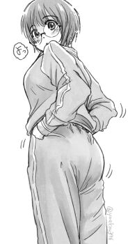 1girl glasses gym_uniform highres jacket jersey looking_back monochrome ooshiro_youkou original solo speech_bubble standing track_jacket track_suit twitter_username