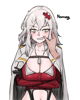 1girl bandeau black_gloves blush breasts chaps chest_strap cleavage clothing_cutout coat coat_on_shoulders cropped_jacket crossed_arms disembodied_hand dog_tags gloves goddess_of_victory:_nikke grey_hair gums hair_between_eyes hair_ornament hairclip highres jacket large_breasts long_hair messy_hair mouth_focus navel navel_cutout noorung red_bandeau red_jacket sharp_teeth solo stomach_cutout teeth white_coat yellow_eyes yulha_(nikke)