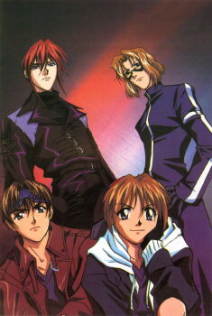 1990s_(style) 4boys absurdres black_coat blonde_hair brown_eyes brown_hair coat fujimiya_ran goggles goggles_on_head hands_on_own_hips hidaka_ken highres jacket kudou_youji long_coat long_sleeves looking_at_viewer looking_over_eyewear magazine_scan male_focus multiple_boys non-web_source official_art open_clothes orange_hair pants red_hair retro_artstyle scan smile standing sunglasses tsukiyono_omi weiss_kreuz zipper