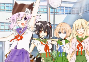 4girls animal_hat arm_up armpits black_hair blanc_(neptunia) blonde_hair blue_eyes breasts brown_eyes brown_hair cat_hat cosplay hand_on_own_hip happy hat highres large_breasts long_hair looking_at_viewer multiple_girls neptune_(neptunia) neptune_(series) noire_(neptunia) one_eye_closed open_mouth purple_eyes purple_hair red_eyes school school_uniform short_hair skirt smile tongue twintails vert_(neptunia) very_long_hair wink