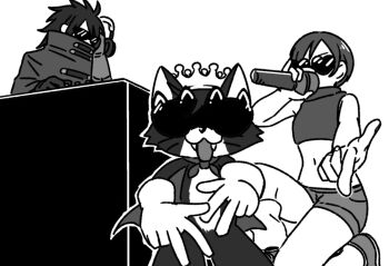 1boy 1girl bare_arms breasts cait_sith_(final_fantasy) cape cat cat-shaped_eyewear cloak covered_mouth crop_top crown dj fangs final_fantasy final_fantasy_vii gloves greyscale headphones heart heart-shaped_eyewear holding holding_headphones holding_microphone long_hair microphone midriff mini_crown monochrome navel on_one_knee open_mouth s_m_man short_hair short_shorts shorts sleeveless sleeveless_turtleneck small_breasts sunglasses turtleneck tuxedo_cat vincent_valentine white_background white_gloves yuffie_kisaragi