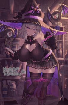Rule 34 | 1girl, absurdres, armpit peek, bag, bare shoulders, bat wings, belt, bent over, black gloves, black hat, black skirt, black thighhighs, blonde hair, boiling, book, boots, breasts, cauldron, cleavage, cleavage cutout, clothing cutout, commentary request, commission, crossed bangs, elbow gloves, gloves, hat, heart cutout, highres, holding, holding book, indoors, large breasts, long hair, looking at viewer, miniskirt, monster, open-chest sweater, open book, original, pleated skirt, potion, pouring, purple belt, purple eyes, purple hat, red eyes, ribbed sweater, shelf, shirogami seisho, skeb commission, skindentation, skirt, sleeveless, sleeveless sweater, solo, sweater, test tube, thick thighs, thighhighs, thighs, transparent, wings, witch, witch hat, zettai ryouiki