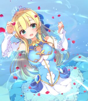 1girl :d absurdres aqua_eyes bare_shoulders blonde_hair blue_bow blue_dress blunt_bangs blush bow breasts cleavage_cutout clenched_hand clothing_cutout commentary_request cowboy_shot detached_sleeves dress dutch_angle earrings falling_petals frilled_dress frilled_sleeves frills gattengou hair_bow hands_up highres holding holding_petal impossible_clothes impossible_dress jewelry kin-iro_loveriche large_breasts long_hair long_sleeves looking_at_viewer lying on_back open_mouth petals petals_on_liquid princess rose_petals sidelocks smile solo sylvia_le_cruzcrown_sortilege_sisua tiara two-tone_dress very_long_hair water white_dress