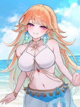 1girl aqua_hair bare_arms bare_shoulders beach blue_sky bracelet breasts cloud colored_inner_hair commentary cowboy_shot dancer day grin hashtag-only_commentary highres hololive hololive_english jewelry large_breasts long_braid long_hair looking_at_viewer midriff multicolored_hair navel ocean official_alternate_costume orange_hair outdoors purple_eyes sarong see-through_clothes see-through_sarong senkanaki64 sky smile solo takanashi_kiara takanashi_kiara_(holonatsu_paradise) thigh_gap two-tone_hair very_long_hair virtual_youtuber water