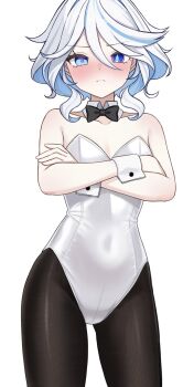 Rule 34 | 1girl, ahoge, alternate costume, bare shoulders, black bow, black bowtie, black pantyhose, blue eyes, blue hair, blue pupils, blush, bow, bowtie, breasts, closed mouth, collar, commentary request, covered navel, crossed arms, detached collar, drop-shaped pupils, frown, furina (genshin impact), genshin impact, hair between eyes, heterochromia, highres, irodo 1024, leotard, looking at viewer, medium hair, multicolored hair, pantyhose, playboy bunny, revision, simple background, small breasts, small sweatdrop, solo, strapless, strapless leotard, symbol-shaped pupils, white background, white collar, white hair, white leotard, white wrist cuffs, wrist cuffs
