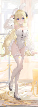 Rule 34 | 1girl, animal ears, bare shoulders, black shoes, blonde hair, detached sleeves, fake animal ears, full body, fuumi (radial engine), hand up, high heels, highres, hololive, horns, indoors, leotard, long hair, long sleeves, looking at viewer, official artist extra, parted lips, playboy bunny, purple eyes, rabbit ears, sheep ears, sheep girl, sheep horns, shoes, standing, thighhighs, tsunomaki watame, very long hair, virtual youtuber, white leotard, white thighhighs