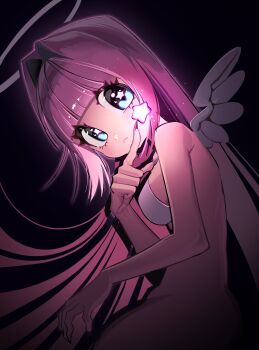 1girl absurdres angel angel_wings black_background blue_eyes blunt_bangs bra breasts commentary eyelashes glowing halo highres long_hair looking_at_viewer medium_breasts original pink_hair scocasr simple_background solo star-shaped_pupils star_(symbol) symbol-shaped_pupils underwear very_long_hair white_bra wings