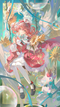 1girl absurdres air_bubble aqua_bow aqua_bowtie black_shoes blinklikeer bow bowtie bubble closed_mouth cloud dress drill_hair floating_hair flower hair_between_eyes hat highres holding honkai:_star_rail honkai_(series) hyacine_(honkai:_star_rail) little_ica_(honkai:_star_rail) loafers long_sleeves looking_at_viewer medium_hair outdoors pantyhose pink_bow pink_hair red_dress second-party_source shoes sitting smile sunflower twin_drills twintails white_dress white_pantyhose wings