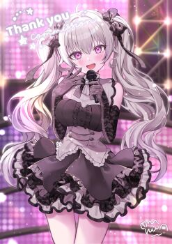 1girl ahoge black_bow black_dress black_gloves black_skirt bow breasts commentary commission cowboy_shot dress elbow_gloves frilled_skirt frills gloves gradient_hair grey_dress grey_hair grey_skirt hair_bow highres holding holding_microphone idol_clothes indie_virtual_youtuber lace lace-trimmed_skirt lace_gloves lace_trim matoi_roco medium_breasts microphone multicolored_dress multicolored_hair multicolored_skirt multiple_hair_bows open_mouth pink_eyes purple_hair ruu_hh skeb_commission skirt sleeveless sleeveless_dress solo stage symbol-only_commentary thank_you twintails virtual_youtuber
