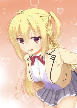 Rule 34 | 1girl, :d, absurdres, ahoge, arihara nanami, arms behind back, blonde hair, bow, bowtie, breasts, button gap, cardigan, cardigan under jacket, collared shirt, commentary request, cowboy shot, drop shadow, eyes visible through hair, grey skirt, hair between eyes, hair over shoulder, heart, highres, jacket, kikka academy school uniform, large breasts, leaning forward, long hair, long sleeves, looking at viewer, miniskirt, open clothes, open jacket, open mouth, orange background, partial commentary, plaid clothes, plaid skirt, pleated skirt, purple cardigan, red bow, red bowtie, red eyes, reiji tsukimi, riddle joker, school uniform, shirt, simple background, skirt, smile, smug, solo, straight hair, two side up, valentine, very long hair, white shirt, yellow jacket
