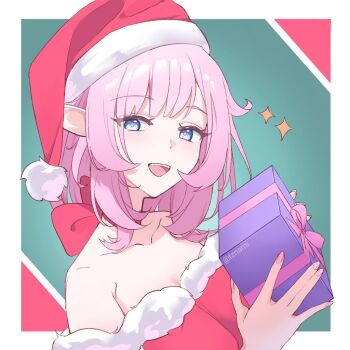 1girl bare_shoulders blue_eyes border breasts christmas_present cleavage commentary dress elf elysia_(honkai_impact) english_commentary gift hat holding holding_gift honkai_(series) honkai_impact_3rd large_breasts looking_at_viewer nami_(tznami) pink_hair pointy_ears red_dress red_hat santa_costume santa_dress santa_hat smile solo twitter_username two-tone_background upper_body white_border