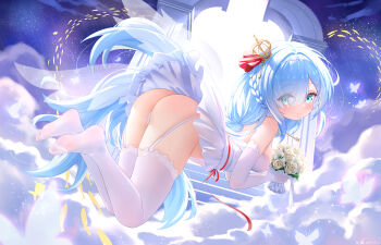 1girl above_clouds absurdres artist_name ass azur_lane bare_shoulders blue_eyes blue_hair bouquet bow breasts bug butterfly chinese_commentary closed_mouth cloud cloudy_sky commentary_request crown dated dress elbow_gloves feet fine_fabric_emphasis fish flower flying full_body garter_straps gate gloves hair_bow hair_over_one_eye highres holding holding_bouquet insect janus_(azur_lane) jewelry key key_necklace lace lace-trimmed_thighhighs lace_trim long_hair looking_at_viewer medium_breasts mini_crown necklace paid_reward_available panties qian_hen red_ribbon ribbon ring rose see-through_clothes see-through_gloves signature sky smile soles solo star_(sky) starry_sky thighhighs toes underwear very_long_hair waist_ribbon wedding_dress wedding_ring white_bow white_dress white_flower white_gloves white_panties white_rose white_thighhighs