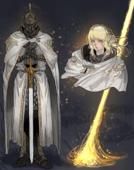 Rule 34 | 1girl, armor, black armor, blonde hair, blunt bangs, braid, breastplate, cloak, commentary, crown braid, elden ring, elden ring: shadow of the erdtree, english commentary, eyebrows hidden by hair, female knight, full armor, full body, gauntlets, gold trim, gorget, helmet, highres, holding, holding sword, holding weapon, kkghost tv, knight, long sword, looking at viewer, multiple views, needle knight leda, ornate, ornate armor, planted, planted sword, planted weapon, short hair, sidelocks, sword, upper body, weapon, white cloak, yellow eyes