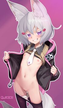 1girl absurdres animal_ear_fluff animal_ears artist_name black_jacket black_pantyhose bow brown_sweater_vest cameltoe chenki_(chenki) cleft_of_venus clothes_lift clothes_pull flat_chest fox_ears fox_girl fox_tail grey_hair grin hair_ornament highres hood hooded_jacket jacket loli long_sleeves navel necktie nipples open_clothes open_jacket outline panties panty_pull pantyhose pantyhose_pull parted_lips phase_connect purple_background purple_eyes pussy short_hair side-tie_panties simple_background smile solo string_panties sweater_vest sweater_vest_lift tail teeth tenma_maemi tenma_maemi_(1st_costume) thick_eyebrows twitter_username uncensored underwear v-shaped_eyebrows virtual_youtuber white_necktie white_outline white_panties