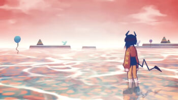 Rule 34 | 1other, ambiguous gender, android, balloon, black hair, blue hair, brown sweater, cloud, coral, cruormor, from behind, ghost and pals, highres, horns, island, landscape, ocean, parody, pink sky, qualia automata, reckless battery burns, red sky, sky, standing, sweater, tail, tamari (team6x111), team6x111, wading, water, x (symbol), yume nikki