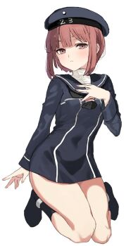 1girl black_neckerchief blue_dress blue_hat blue_sailor_collar blush brown_eyes brown_hair commentary dress hand_on_own_chest hat kantai_collection kneeling long_sleeves looking_at_viewer neckerchief neju sailor_collar sailor_dress sailor_hat shoes short_dress short_hair simple_background solo white_background z3_max_schultz_(kancolle)