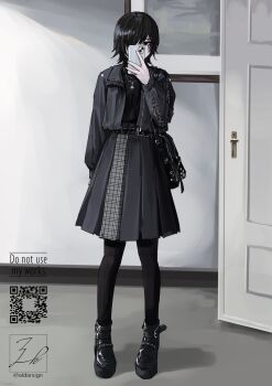 1girl artist_name bag belt black_coat black_eyes black_hair black_pantyhose black_shirt black_shoes buckle cellphone coat door empty_eyes full_body grey_skirt handbag highres holding holding_phone indoors jewelry joki_yoh long_sleeves looking_at_viewer medium_skirt necklace open_clothes open_coat original pantyhose phone plaid_clothes plaid_skirt qr_code selfie shirt shoes short_hair shoulder_bag signature skirt smartphone solo standing twitter_username unmoving_pattern