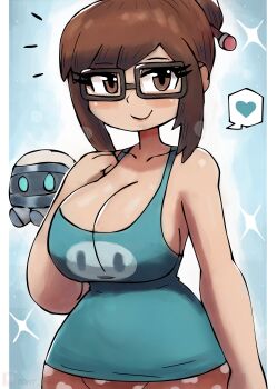 1girl absurdres blizzard_(company) blue_background blue_shirt blush breasts brown_eyes brown_hair cleavage collarbone glasses hair_bun hair_ornament hairpin hand_on_own_chest heart heart_print highres large_breasts looking_at_viewer mei_(overwatch) non-humanoid_robot overwatch pajamas pants pink_pants print_pants print_shirt robot shirt smile snowball_(overwatch) sparkle speech_bubble spoken_heart standing tank_top tony_welt upper_body wide_hips