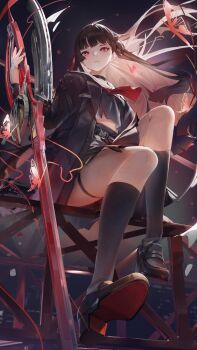 1girl absurdres black_hair black_jacket black_shirt black_shoes black_skirt black_socks bug butterfly chinese_commentary chisa_(wuthering_waves) closed_mouth commentary_request highres holding holding_sword holding_weapon insect jacket long_hair long_sleeves miyano_haruto neckerchief red_butterfly red_eyes red_neckerchief shirt shoes skirt socks solo sword turning_head weapon wuthering_waves