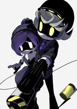 1boy 1girl android beanie black_dress black_gloves black_hat black_jacket black_mouth black_shirt blush closed_mouth collared_shirt commentary_request dress expressionless film_grain from_above gloves glowing glowing_eyes grey_background grey_hair hand_on_another's_shoulder hat highres jacket lapels looking_at_another lower_teeth_only mechanical_arms murder_drones n_(murder_drones) necktie notched_lapels open_mouth pom_pom_(clothes) pom_pom_beanie purple_eyes purple_hair purple_necktie shirt short_hair simple_background sonokare standing strapless strapless_dress teeth uzi_(murder_drones) yellow_eyes