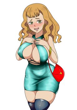1girl absurdres bag black_clover black_thighhighs blush bracelet breast_focus breasts cleavage covered_erect_nipples curvy dress ear_piercing earrings female_focus orange_hair green_eyes handbag highres hoop_earrings breasts jewelry large_breasts looking_at_viewer mimosa_vermillion misaeldm nose_blush orange_hair pale_skin piercing shounen_jump dress standing thick_thighs thighhighs thighs white_background wide_hips