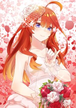1girl ahoge bare_shoulders blue_eyes blush bouquet closed_mouth collarbone commentary_request dress fishnet_veil flower go-toubun_no_hanayome hair_flower hair_ornament highres holding holding_bouquet kachin long_hair looking_at_viewer nail_polish nakano_itsuki pink_nails pinky_out red_background red_hair see-through_clothes see-through_wrist_cuffs solo star_(symbol) star_hair_ornament strapless strapless_dress twitter_username upper_body wedding_dress white_dress white_wrist_cuffs wrist_cuffs