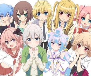 6+boys ansatsu_kyoushitsu antenna_hair astolfo_(fate) astolfo_(sailor_paladin)_(fate) baka_to_test_to_shoukanjuu blonde_hair blue_eyes braid character_request commentary_request crossdressing crossdressing_(mtf) crossover fate/grand_order fate_(series) gasper_vladi green_eyes green_shirt grey_eyes grey_hair hair_intakes haiyore!_nyaruko-san hastur_(nyaruko-san) high_school_dxd highres kinoshita_hideyoshi layered_sleeves long_braid long_hair long_sleeves looking_at_viewer maria_holic multiple_boys multiple_crossover official_alternate_costume pink_hair purple_eyes red_sailor_collar sailor_collar school_uniform serafuku shidou_mariya shiota_nagisa shirt short_hair short_over_long_sleeves short_sleeves simple_background single_braid totsuka_saika trait_connection trap white_background yahari_ore_no_seishun_lovecome_wa_machigatteiru. zeatto