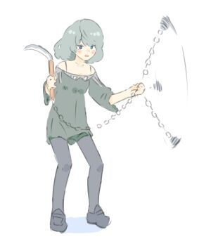 Rule 34 | 1girl, afterimage, bad id, bad twitter id, bare shoulders, black pantyhose, black shoes, chain, full body, green eyes, green hair, green shirt, green shorts, hands up, holding, holding chain, holding weapon, idolmaster, idolmaster cinderella girls, jibakurei (elite unchi), kusarigama, looking at viewer, medium hair, off-shoulder shirt, off shoulder, open mouth, pantyhose, pantyhose under shorts, shirt, shoes, shorts, sickle, simple background, smile, solo, standing, swinging weapon, takagaki kaede, three-quarter sleeves, weapon, white background