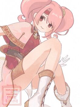 1girl absurdres bare_legs boots closed_mouth fire_emblem fire_emblem_echoes:_shadows_of_valentia gloves hair_between_eyes highres looking_at_viewer mae_(fire_emblem) nintendo pink_eyes pink_hair short_sleeves smile solo sorane_amus twintails white_background white_boots white_gloves