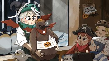 5girls :o absurdres animal bird black_hair blonde_hair blue_hair blue_shirt bone commentary diva_(hyxpk) donut_stamp double_bun duck english_commentary fake_whiskers grey_hair hair_bun halloween halloween_costume hat highres holding holding_animal holding_bird king_penguin lion_shirt_boy_(diva) multiple_girls penguin penguin_fan_(diva) penguin_hat penguin_keeper_(diva) pirate_hat red_hair red_shirt seal_puppet shirt short_hair slice_of_life striped_clothes striped_shirt survey_girl_(diva) sweatdrop tongue tongue_out two-tone_shirt white_shirt wings witch_hat zoo zookeeper zookeepers_(diva)